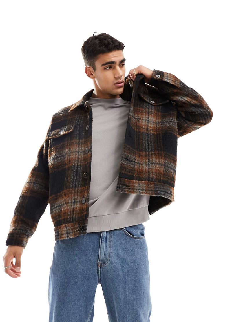 ASOS DESIGN oversized wool look western jacket in black and brown check