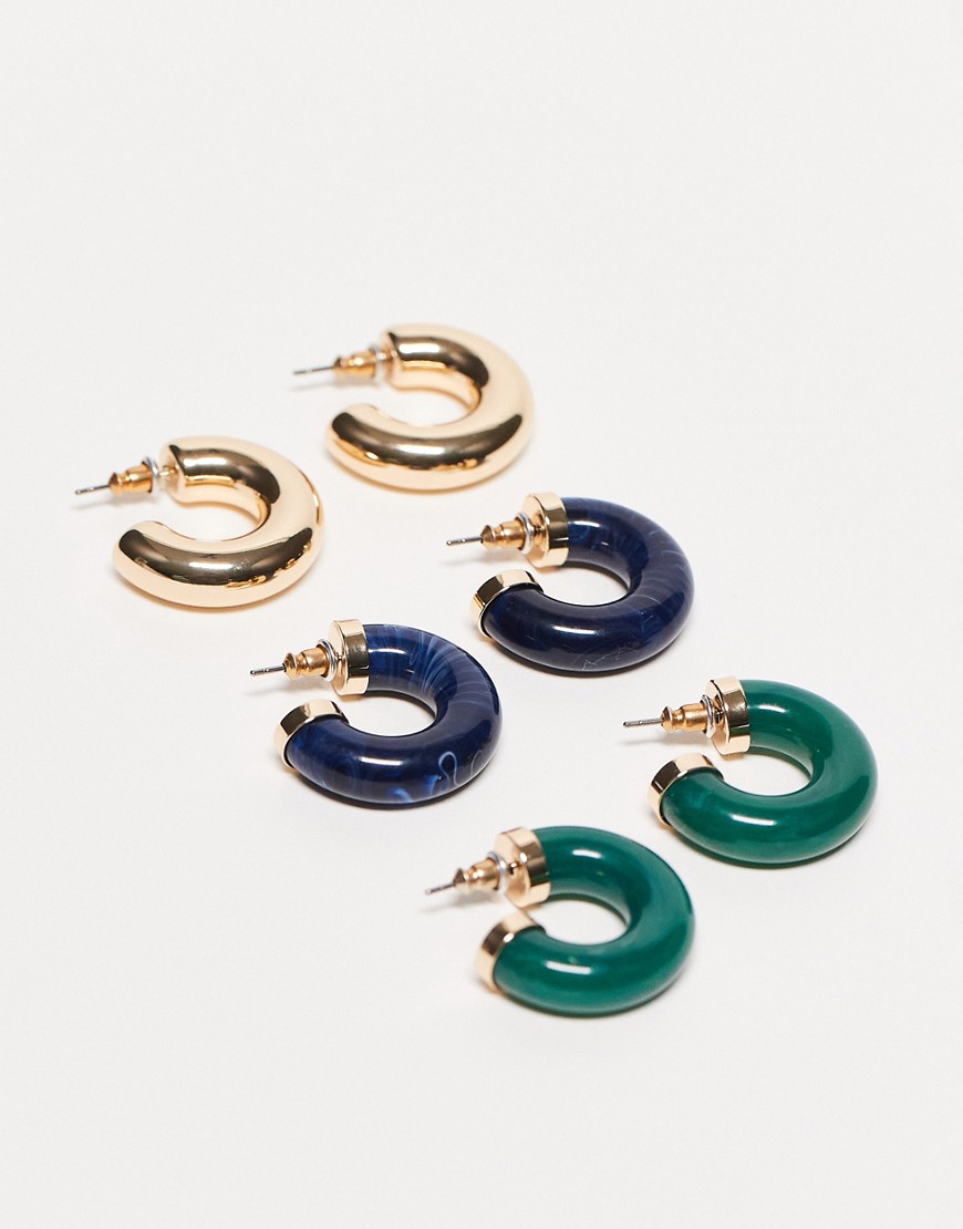 ASOS DESIGN pack of 3 hoop earrings with resin design in multi