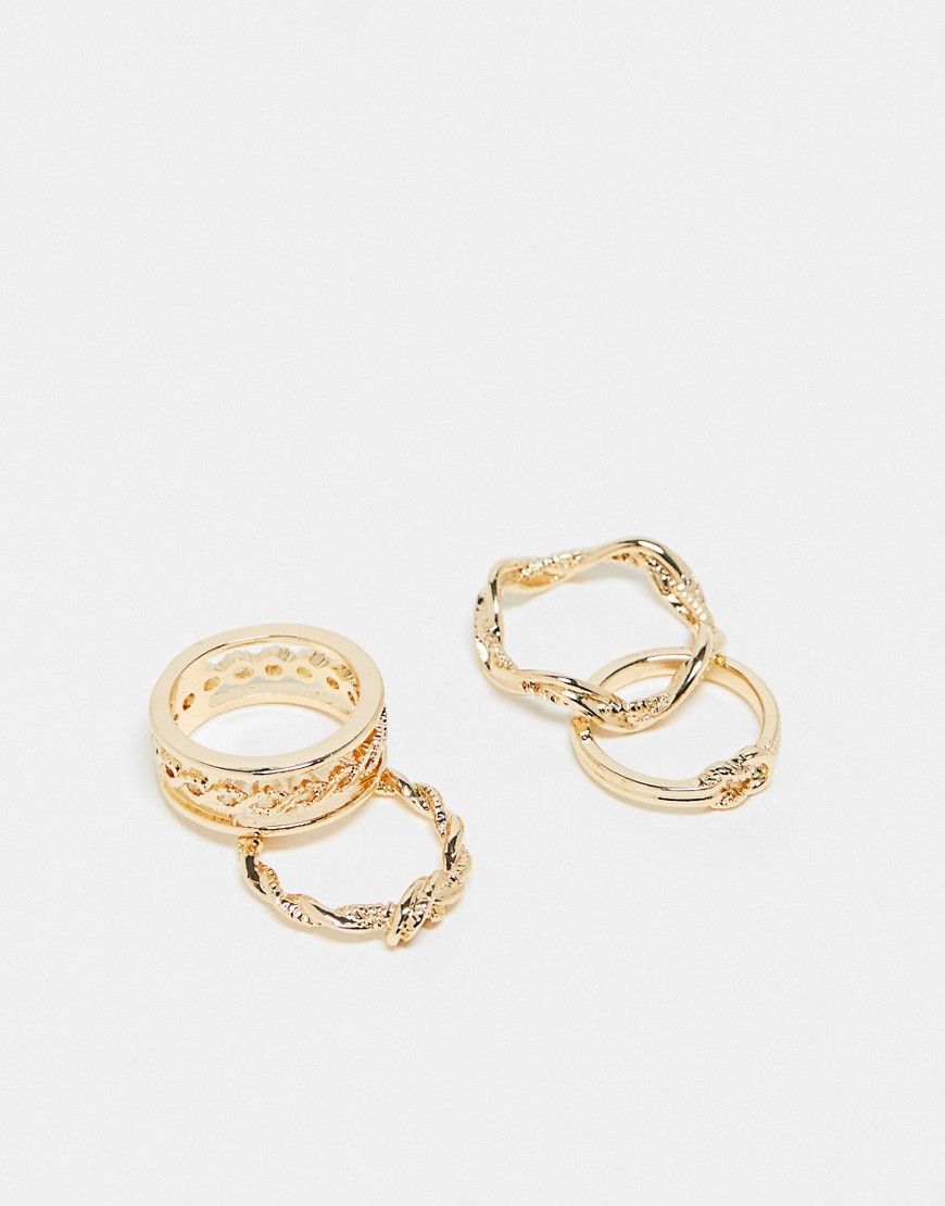 ASOS DESIGN pack of 4 rings with knot design in gold tone