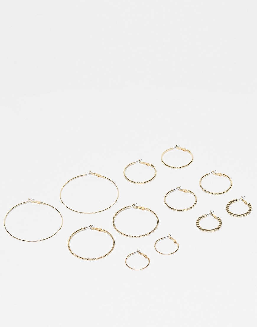 ASOS DESIGN pack of 6 skinny hoop earrings with textured design in gold tone