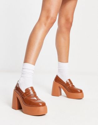 Palette chunky high heeled loafers in tan
