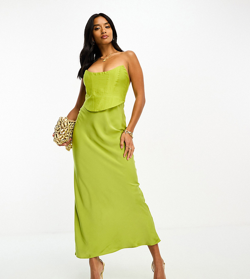 ASOS DESIGN Petite bandeau contrast fabric slip maxi dress with corset detail in olive green