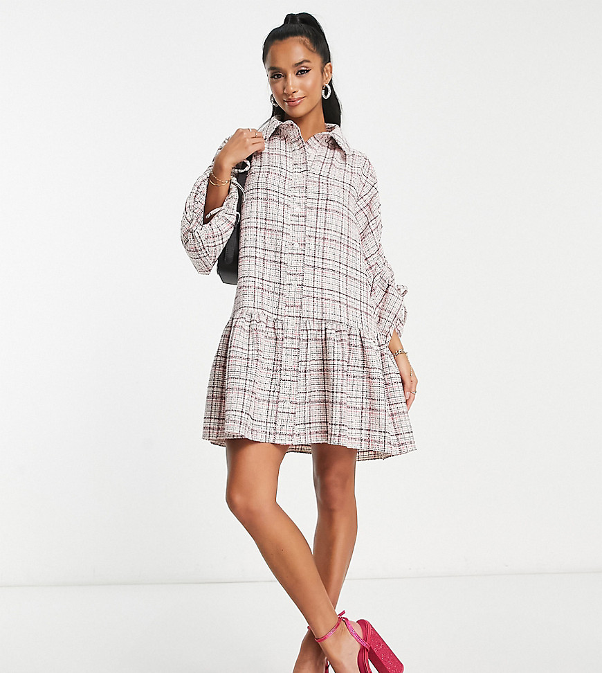 ASOS DESIGN Petite boucle mini smock shirt dress with pephem in cream and pink-Multi