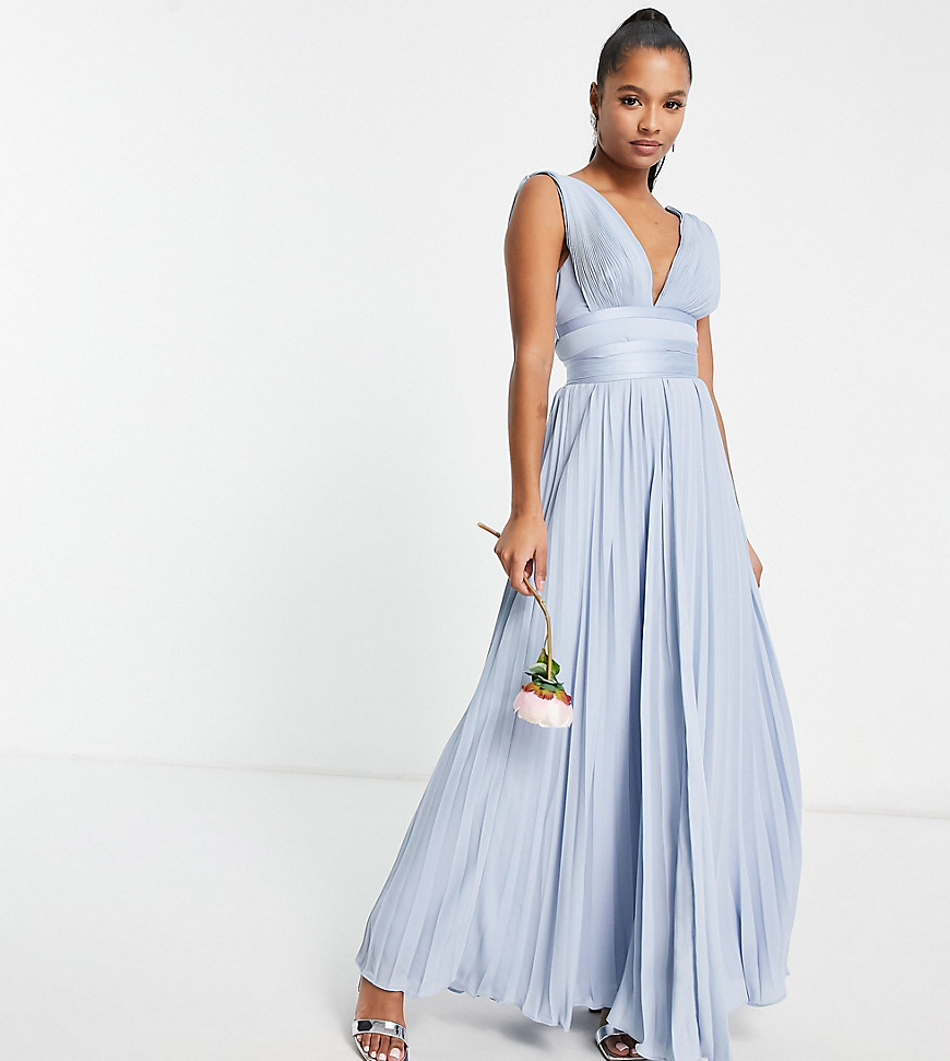 ASOS DESIGN Petite Bridesmaid pleated cami maxi dress with satin wrap waist in blue