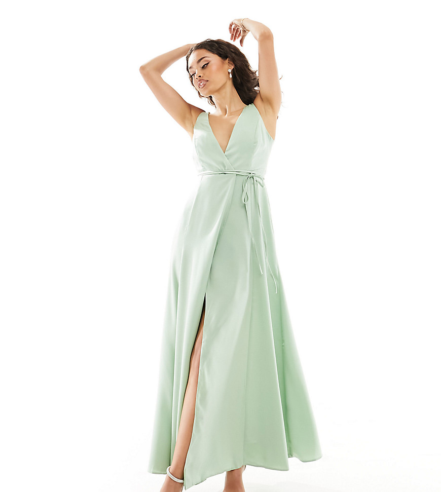 ASOS DESIGN Petite Bridesmaid satin wrap maxi dress with tie detail in sage-Green