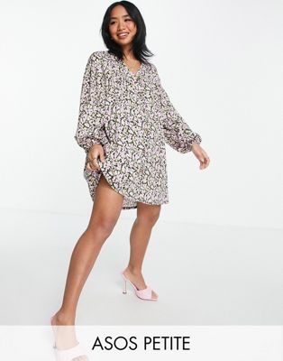 Petite button through mini smock dress with long sleeves in pink and white floral - Click1Get2 Black Friday