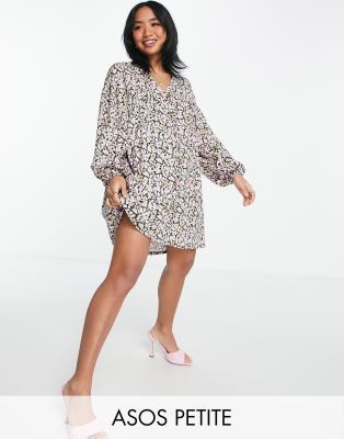 Petite button through mini smock dress with long sleeves in pink and white floral - Click1Get2 Promotions