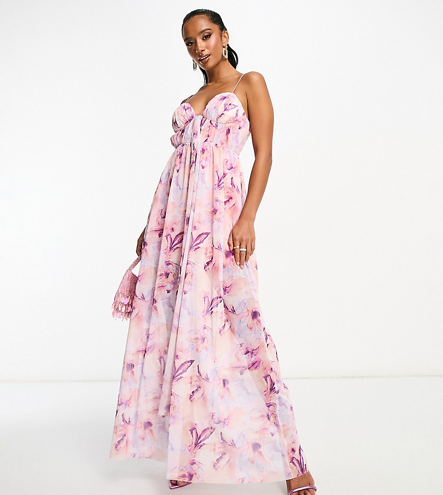 ASOS DESIGN Petite cami mesh maxi dress with sash in pink smudge print-Multi