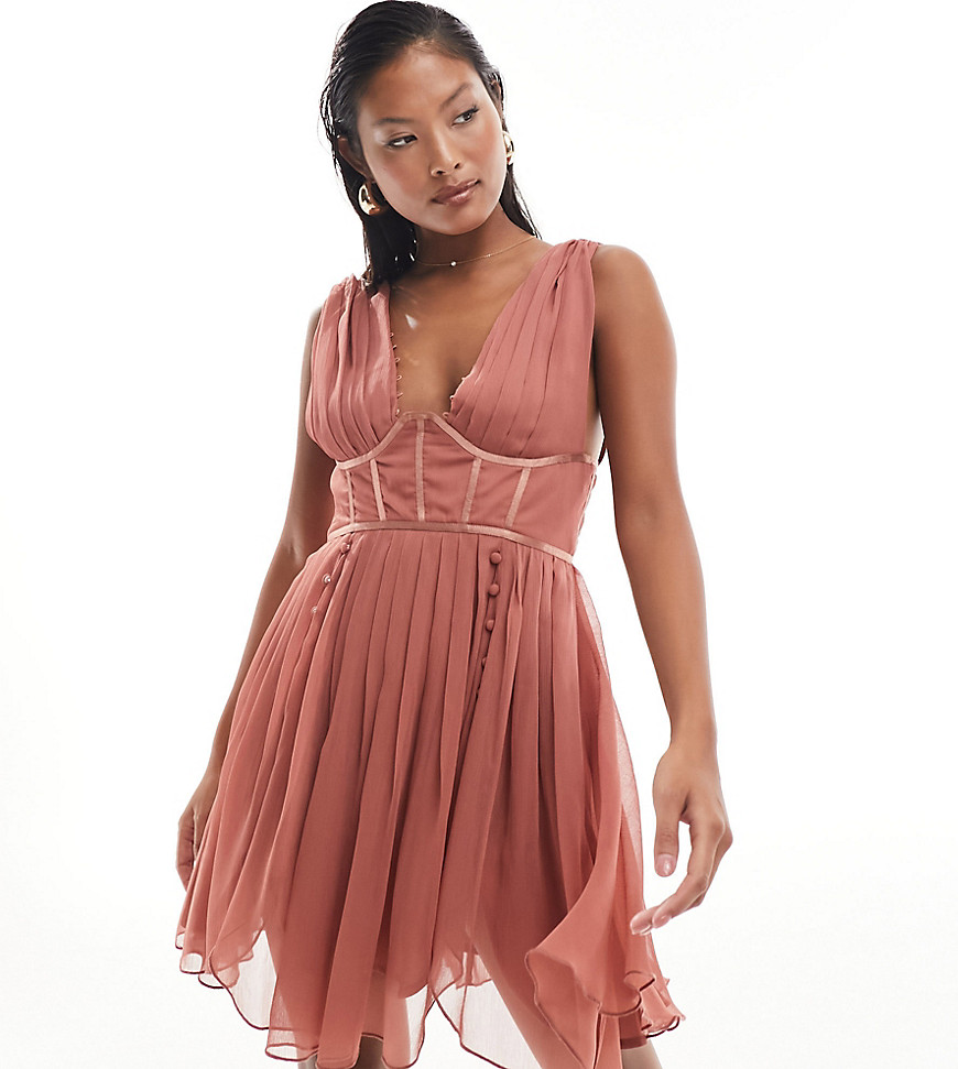 ASOS DESIGN petite corset plunge pleated mini dress with button detail in dusky rose-Brown