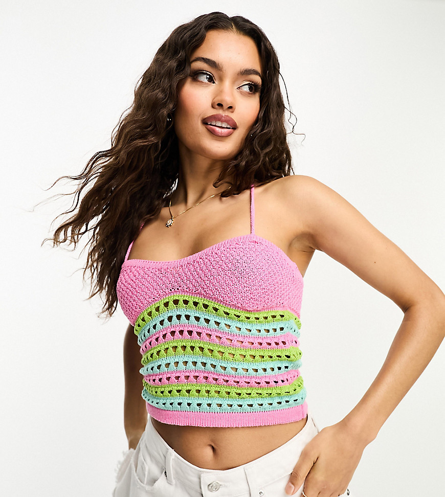ASOS DESIGN Petite crochet cami top in pink stripe-Multi