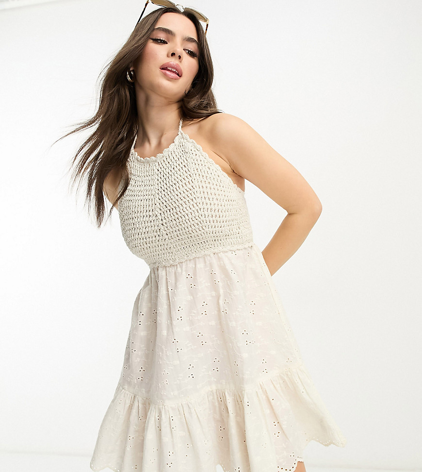 ASOS DESIGN Petite crochet halter mini dress with broderie in cream-White