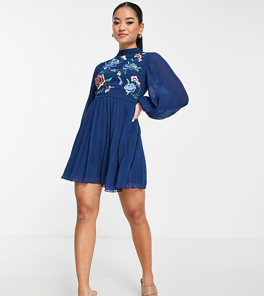 ASOS DESIGN Petite high neck pleated long sleeve skater mini dress with embroidery in navy