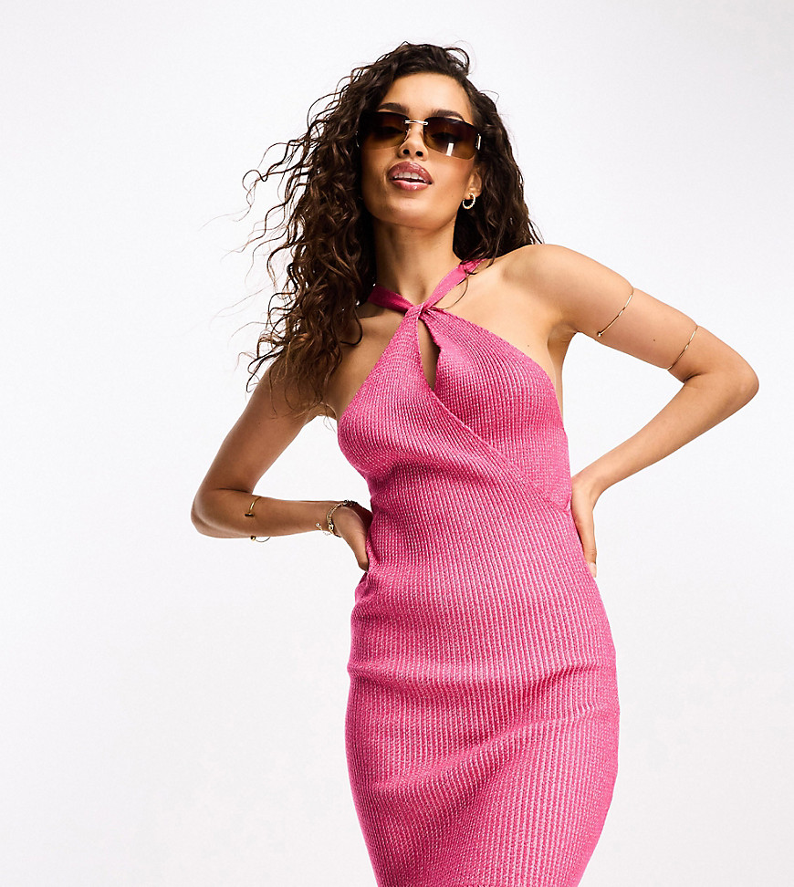 ASOS DESIGN Petite knitted halter mini dress with with key hole detail in pink