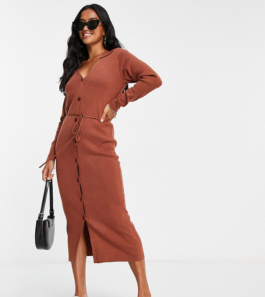 ASOS DESIGN Petite knitted midi dress with open collar and tie waist in brown