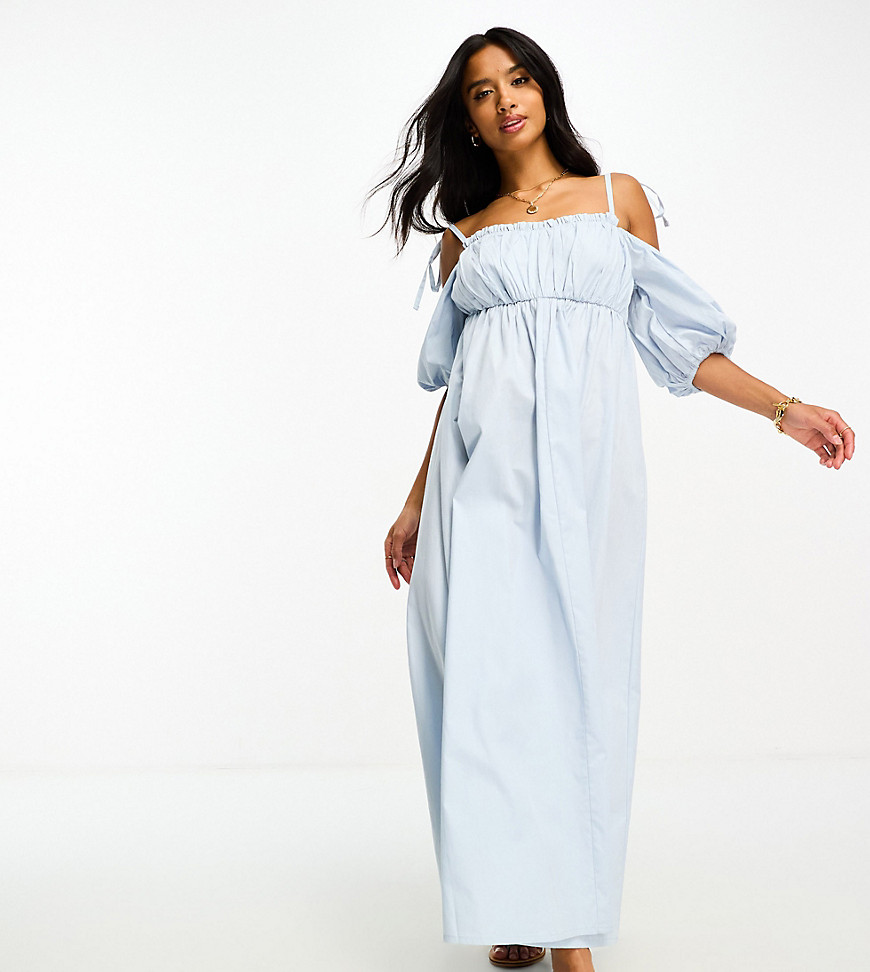 ASOS DESIGN Petite off shoulder cotton midi dress with ruched bust detail in cornflower blue