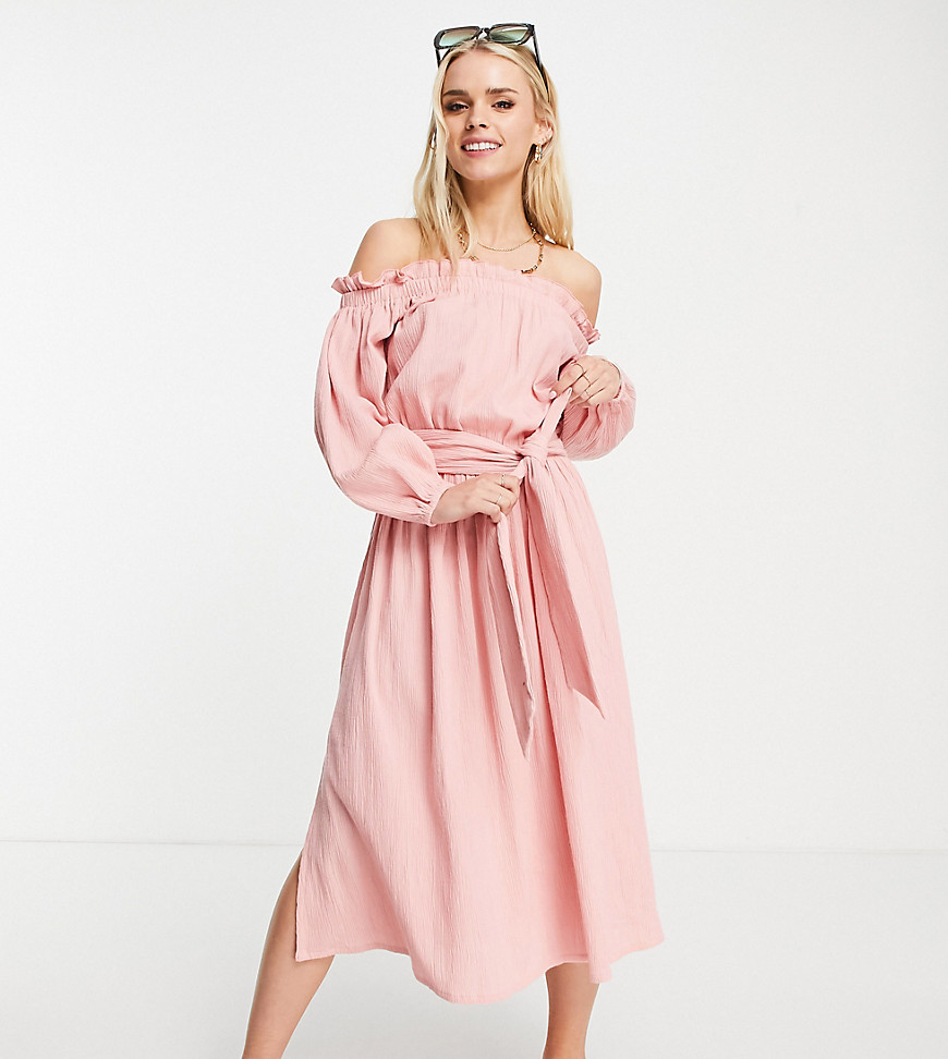 ASOS DESIGN Petite off shoulder super crinkle beach maxi dress in blush-Pink