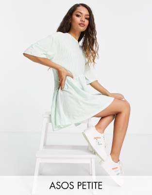 Petite oversized mini smock dress with dropped waist in bright green and white stripe - Click1Get2 Half Price