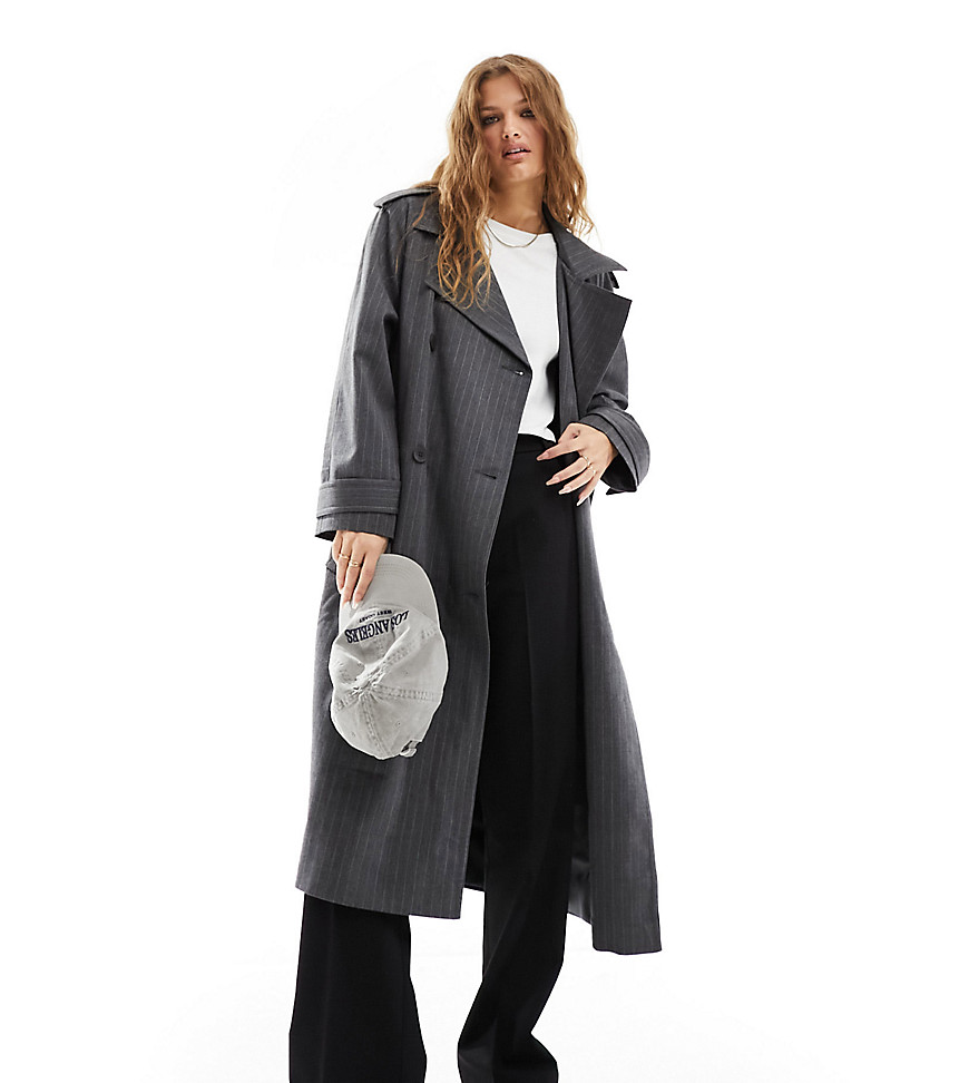 ASOS DESIGN Petite oversized pinstripe trench coat in grey