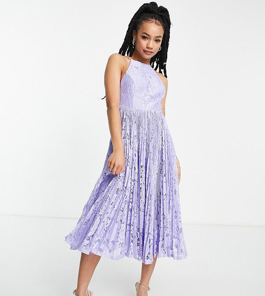 ASOS DESIGN Petite pinny midi prom dress in lilac pleated lace-Pink