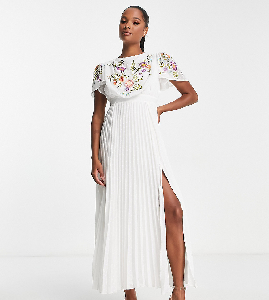 ASOS DESIGN Petite pleated dobby cowl front embroidered midi dress with belt in white