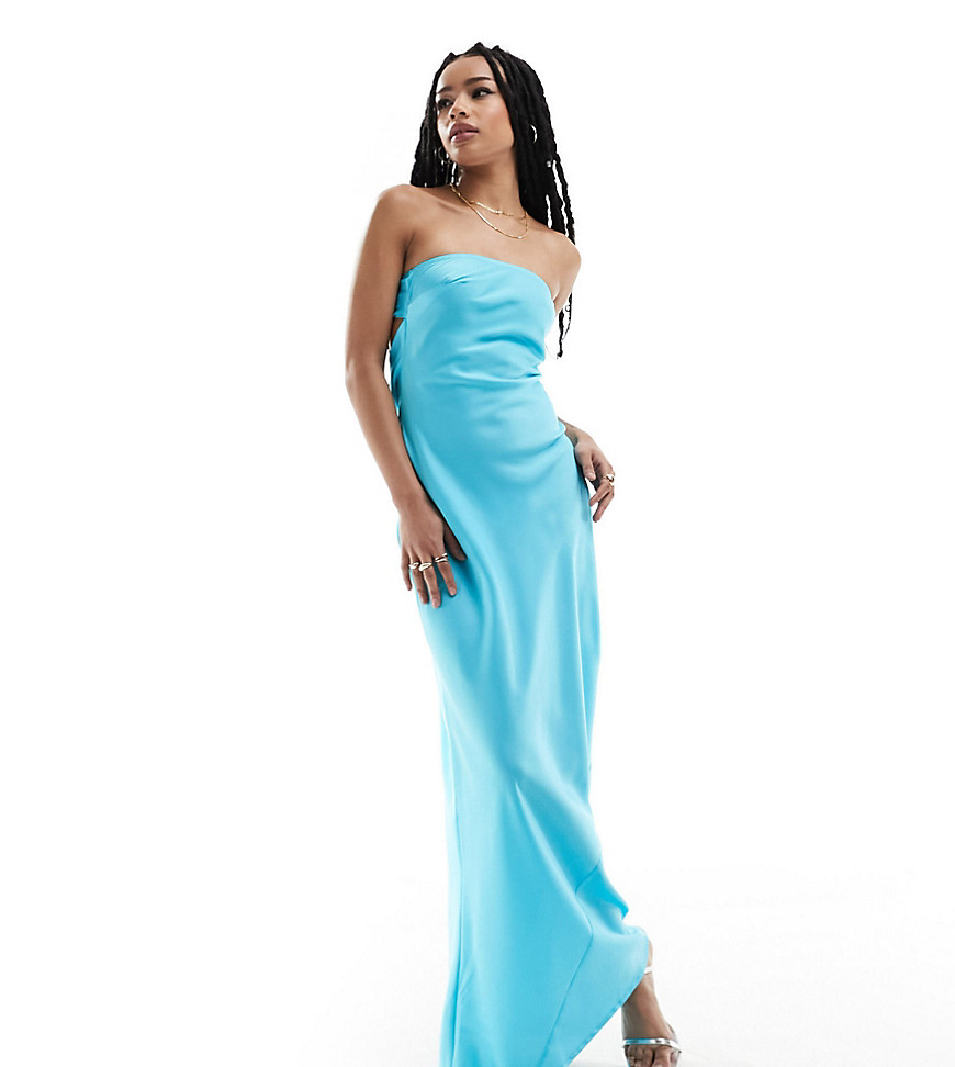 ASOS DESIGN Petite satin bandeau bias maxi dress with tie back in turquoise-Blue