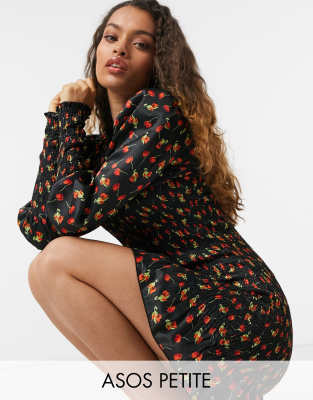 Petite shirred mini tea dress with puff sleeve and shirred cuff in rose floral print - Click1Get2 Offers