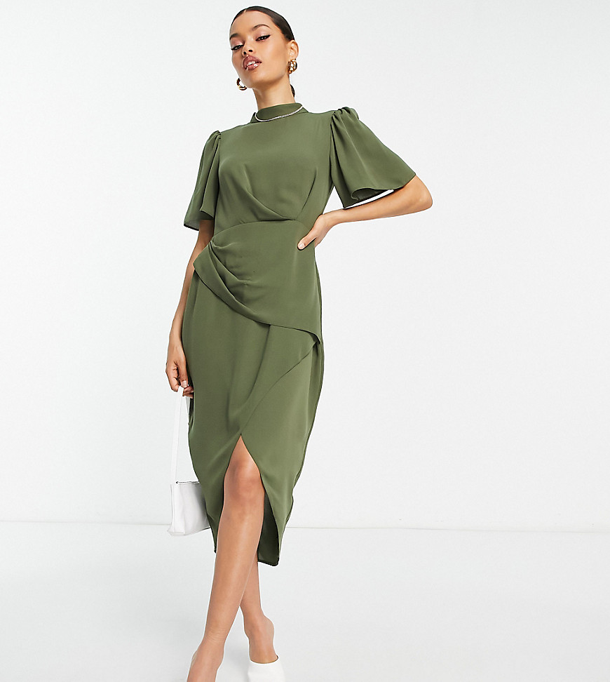ASOS DESIGN Petite short sleeve high neck drape wrap front mini dress in khaki-Green