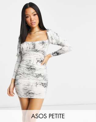 Petite slinky long sleeve ruched bust mini dress in tie dye print - Click1Get2 Deals