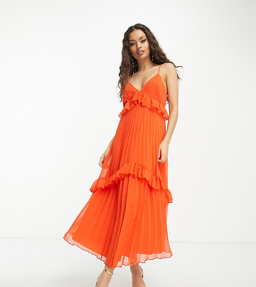ASOS DESIGN Petite strappy pleated midi dress with frills in orange