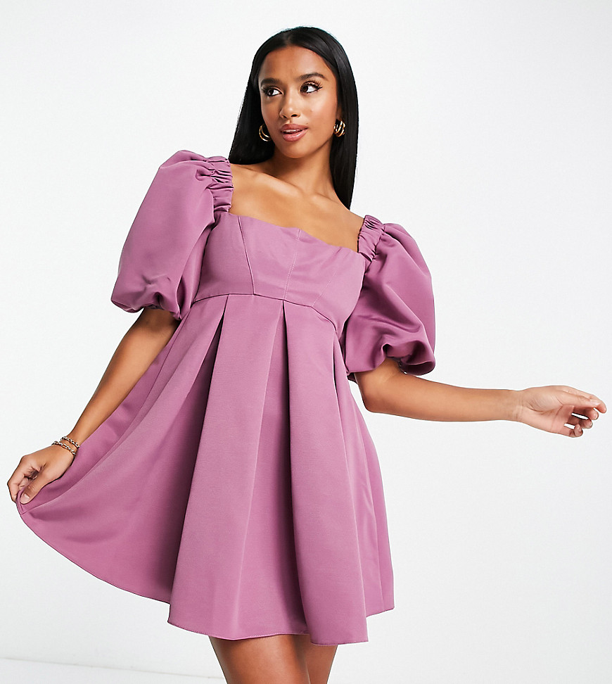 ASOS DESIGN petite structured prom mini dress with curved neckline detail in mauve