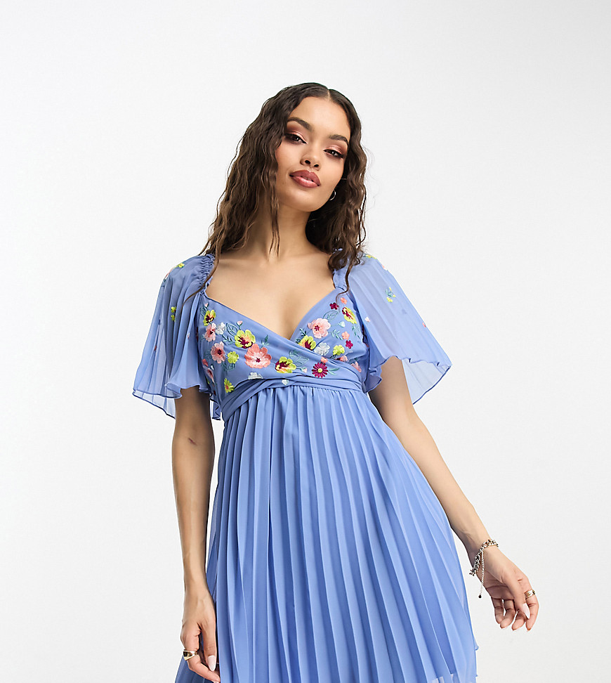 ASOS DESIGN Petite tie back angel sleeve pleated mini dress with embroidered bust in cornflower blue