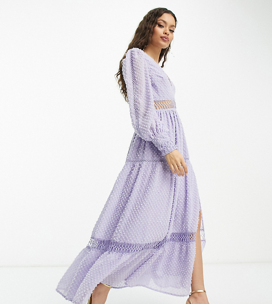 ASOS DESIGN Petite tufted dobby lace insert maxi dress in lilac-Purple