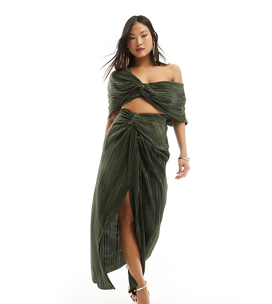 ASOS DESIGN Petite two in one fallen shoulder plisse maxi dress in khaki-Green