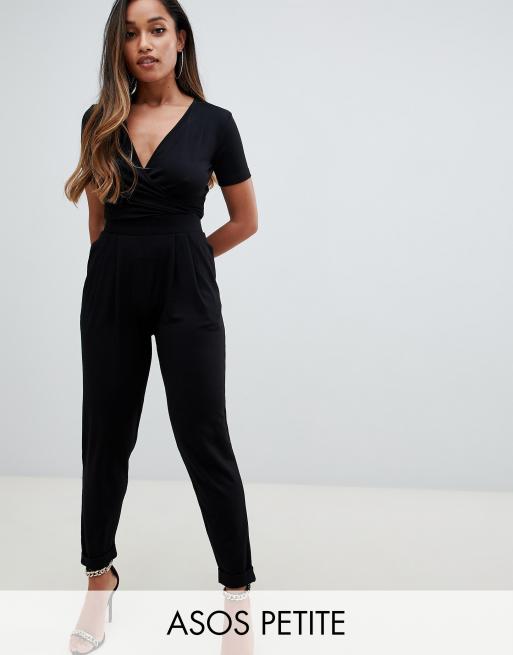 ASOS Petite ASOS DESIGN Petite wrap front jersey jumpsuit with short sleeve