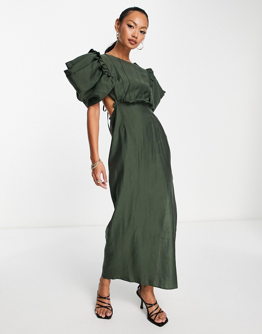 ASOS DESIGN pin tuck midi dress with puff sleeve & cut out waist detail in dark green