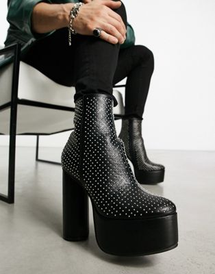 platform heeled chelsea boots with stud detail in black faux leather