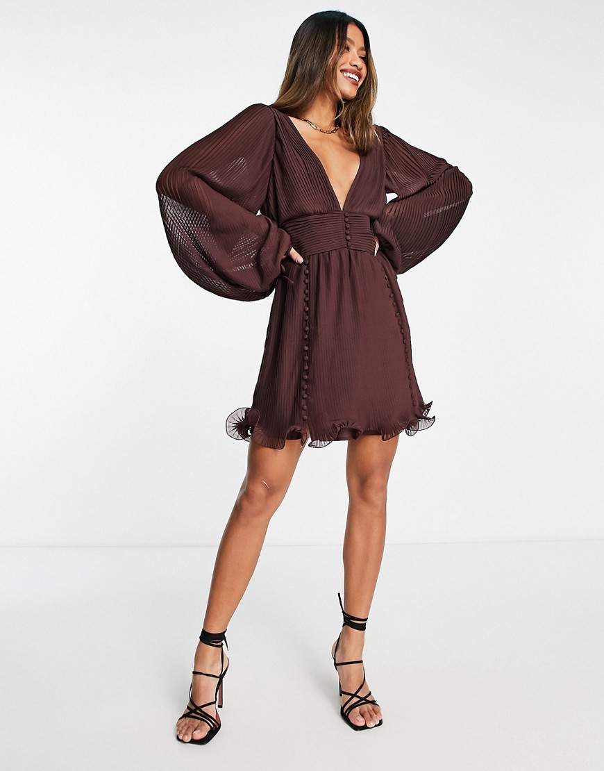 ASOS DESIGN pleat mini dress with button detail and frill hem in burgundy-Red