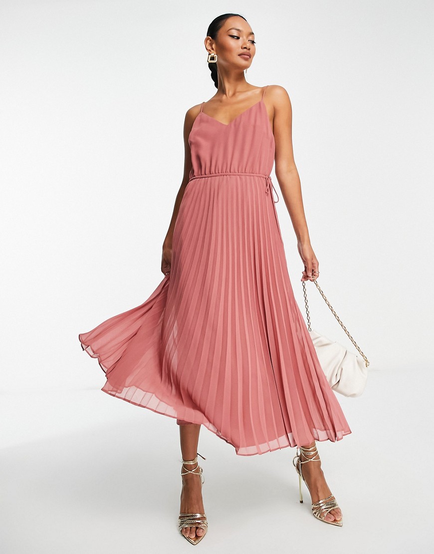 ASOS DESIGN pleated cami midi dress with drawstring waist in dark pink