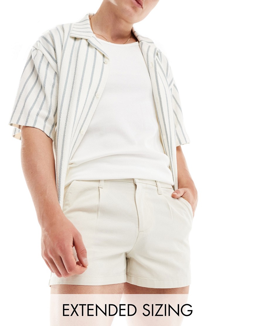 ASOS DESIGN pleated chino short in extreme shorter length in stone-Neutral