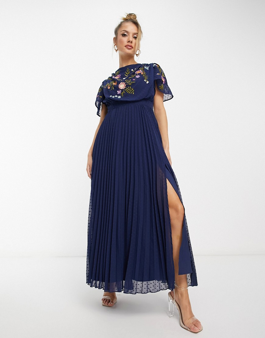 ASOS DESIGN pleated dobby cowl front embroidered midi dress in navy