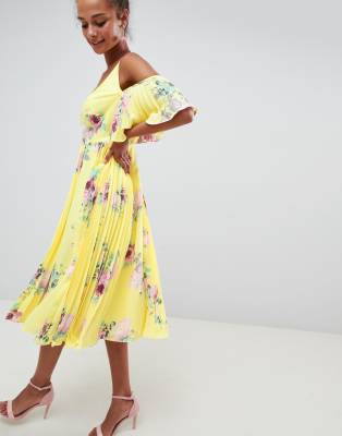 asos design pleated midi dress with fluted sleeve in floral print