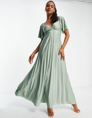 Pleated twist back cap sleeve maxi dress in green - Click1Get2 Black Friday
