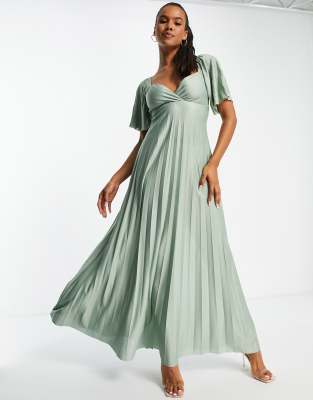 Pleated twist back cap sleeve maxi dress in green - Click1Get2 Promotions