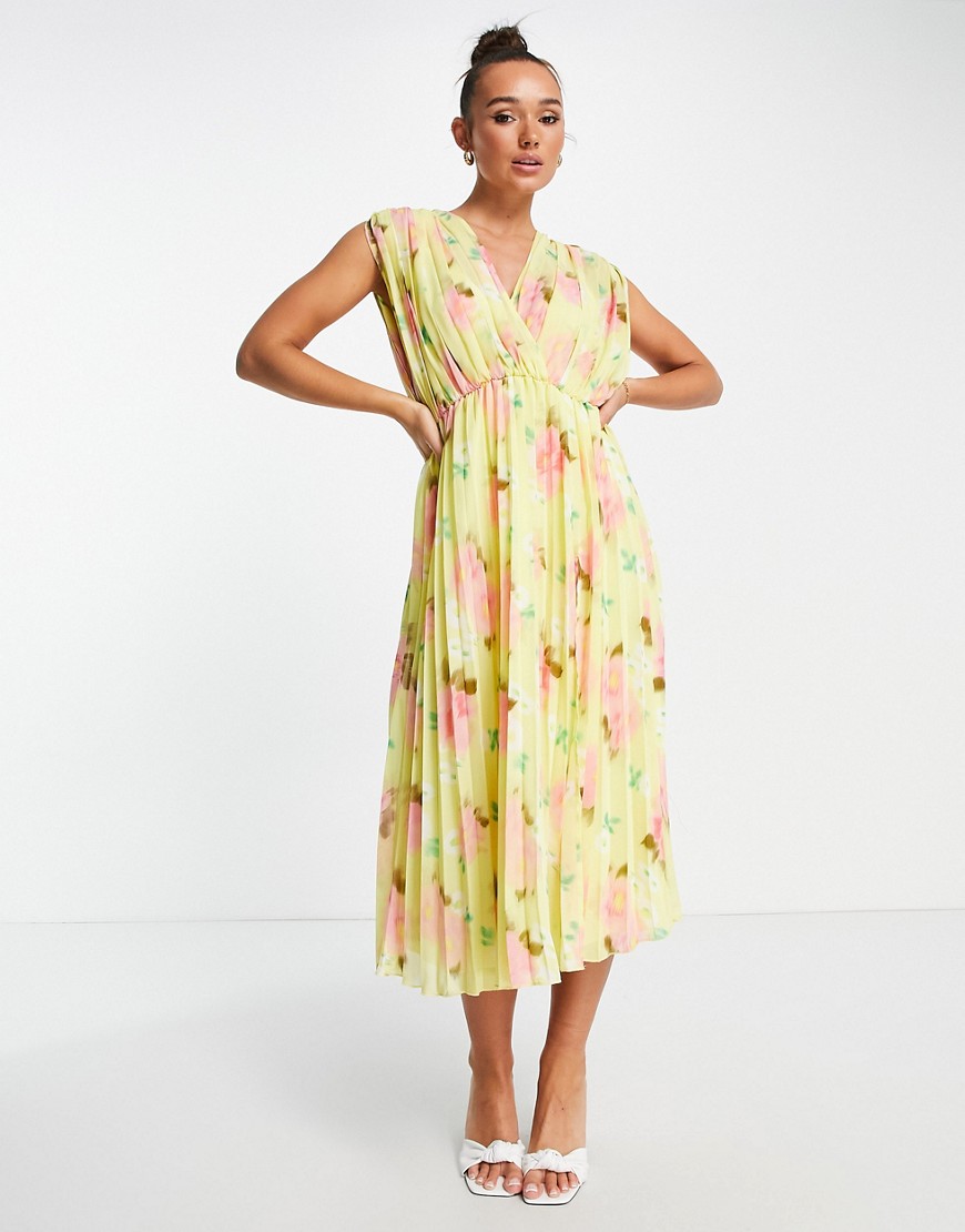 ASOS DESIGN pleated wrap front midi dress in yellow floral-Multi