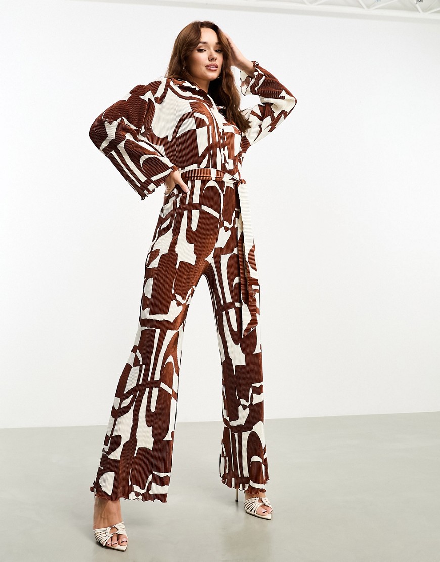 ASOS DESIGN plisse collared wide leg jumpsuit with tie waist in brown geo print-Multi