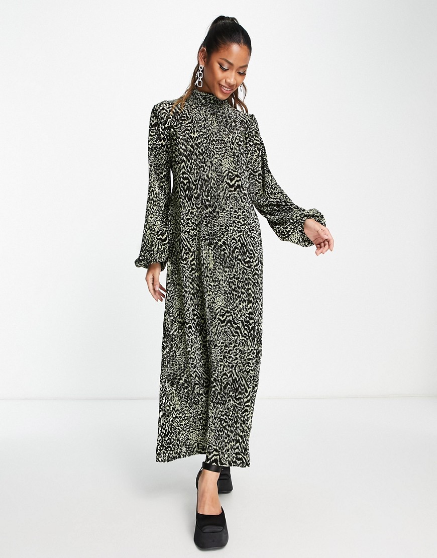 ASOS DESIGN plisse high neck maxi dress in khaki leopard-Multi