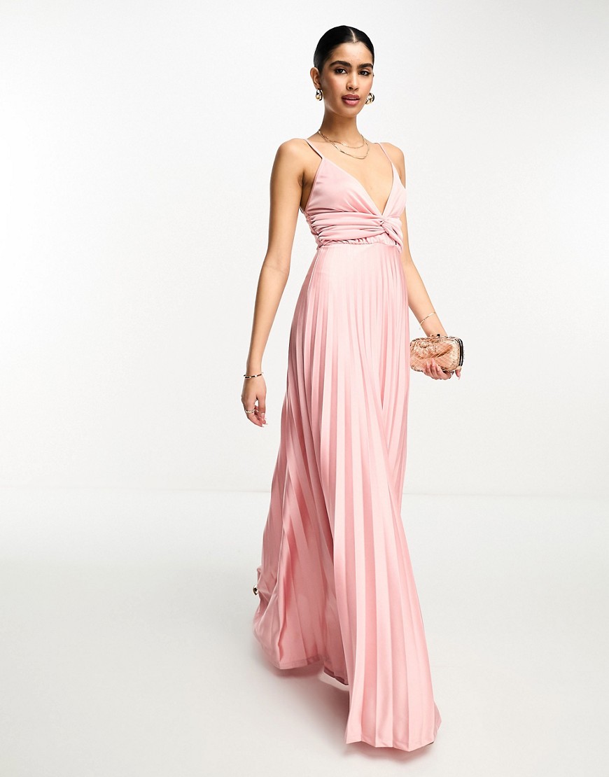 ASOS DESIGN plunge cami waisted pleated maxi dress in rose gold-Pink