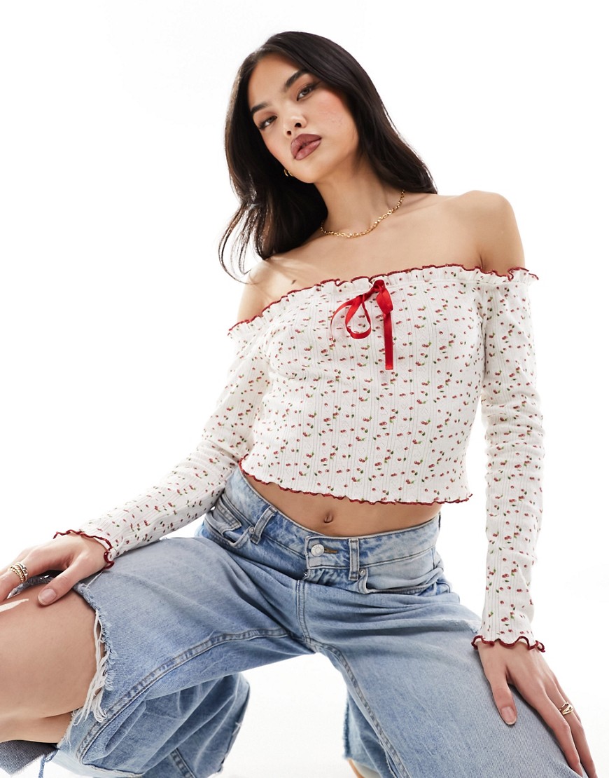 ASOS DESIGN pointelle bardot top with cherry ditsy in ivory-White
