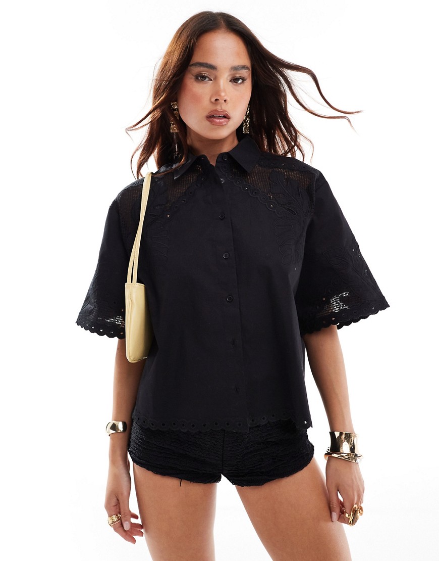 ASOS DESIGN premium boxy shirt with cutwork detail in black co-ord