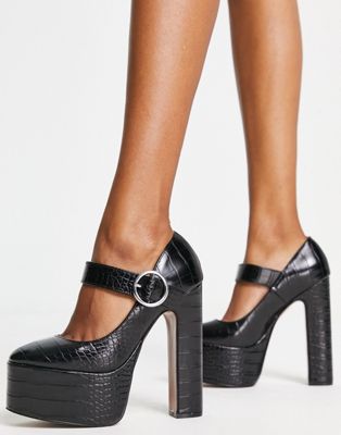 Preppy mary jane platform block heeled shoes in black croc